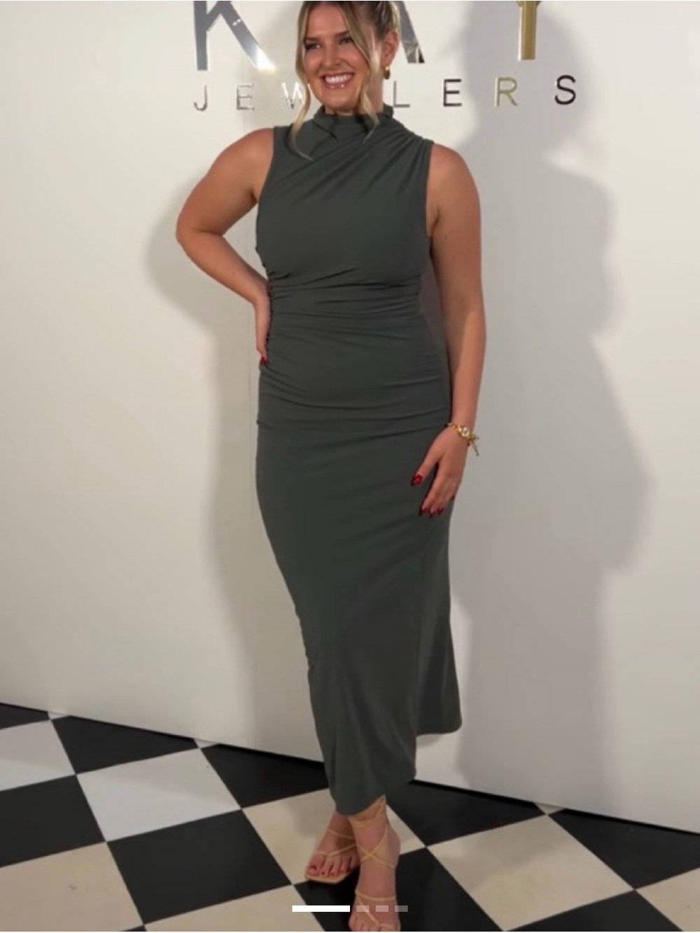 Zara Olive Green Sleeveless Midi Dress with Draped Neck